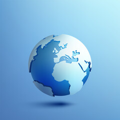 3D illustration of Earth blue globe, continents. Represents planet conservation, environmental care, and nature protection. For poster banner. Not AI.
