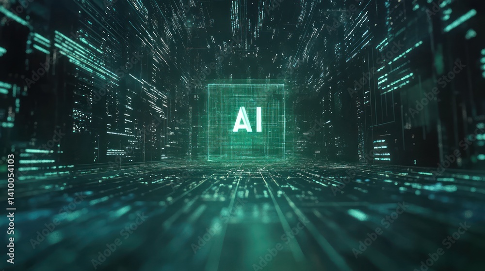 Poster futuristic digital environment showcasing ai technology with glowing data streams and a prominent ai