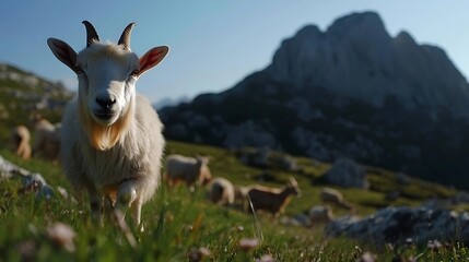 Obraz premium A young goat in a grassy alpine meadow, framed by a mountain backdrop.