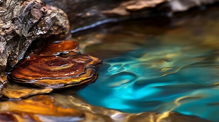 Close-up of a colorful fungus in a shallow, turquoise stream.