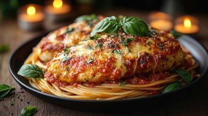 Chicken Parmesan over pasta