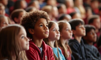 Obraz premium Group of elementary school students sitting in an auditorium during an assembly