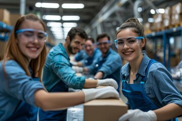 smiling group of factory workers packaging product at an assembly line in a factory