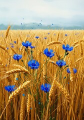 Golden Wheat Field with Vibrant Blue Flowers Soft Light. AI Generated