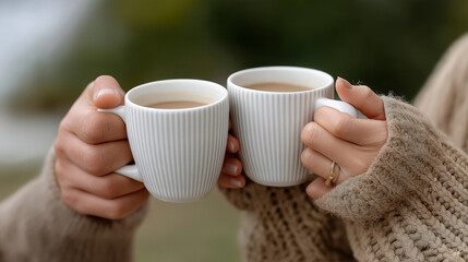 Romantic Coffee Moment – Couple Toasting with White Mugs at Café Table. coffee mugs, couple clinking mugs, café moment, white mugs, cozy date, romantic coffee, coffee toast, man and woman, cafe vibes,
