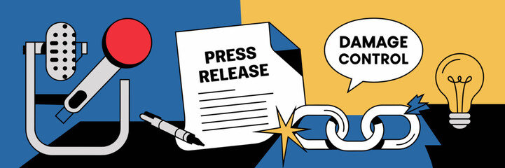 Crisis communication icons with microphone, press release, and damage control symbols – Perfect for PR campaigns, media relations, or crisis management training.