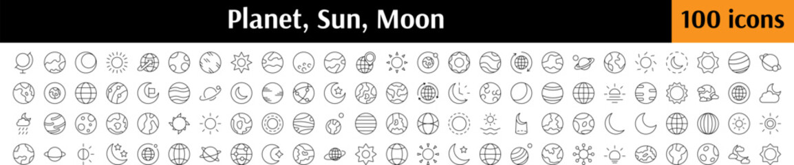 Pack of Cosmos Related Line Icons. Planet, Sun, Moon Outline Signs for Graphic and Web Design, Apps, Adverts, Various Cards