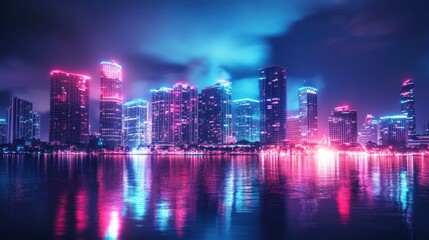 Obraz premium Vibrant city skyline reflecting in water at night, illuminated by colorful neon lights with dynamic clouds adding depth.