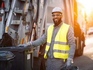 Cheerful sanitation worker next to a garbage truck, representing waste management and public service. Perfect for environmental campaigns, city services, and recycling initiatives.