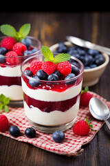 Yogurt layered dessert with jelly and fresh berries in small glass cups