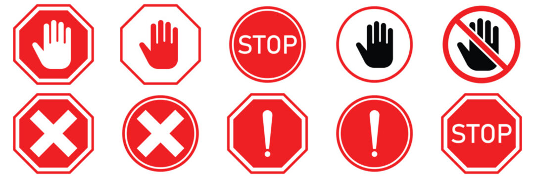 Set stop red sign icon with white hand, do not enter. Warning stop sign stock of vector illustration.