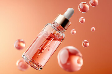 Serum bottle with dropper surrounded by floating transparent spheres on a peach gradient background.