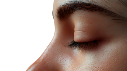 side view of human eyelid, HDR style, subtle skin tone, white background