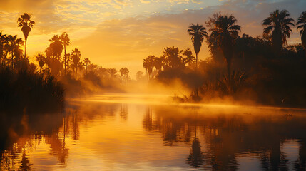 Fototapeta premium moment at a desert oasis, where golden light dances on the surface of the water, creating a surreal and peaceful scene 