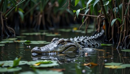 Obraz premium Spectacular Close up of a Crocodile Submerged in a Tropical Swamp Lily Pads Mangrove Roots