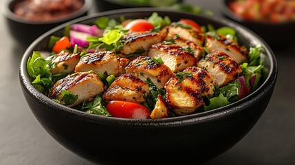 Grilled Chicken Salad Bowl on Dark Surface
