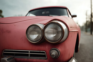 Fototapeta premium Vintage pink car front with distinct headlight design and weathered paint, emphasizing classic aesthetic