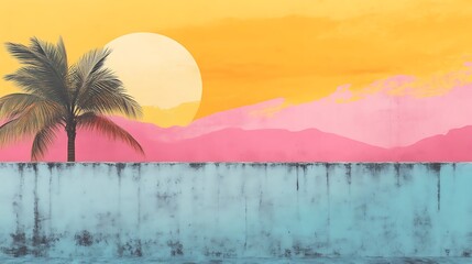 Palm Tree Silhouette Against Pastel Sunset and Wall