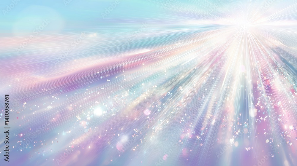 Poster abstract pastel light background with glowing sun rays, bokeh effects and shiny stars on soft blue s