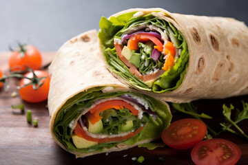 Veggie wrap with whole wheat tortilla, vegan snack or lunch with fresh vegetables, salad, carrots and tomatoes