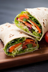 Veggie wrap with whole wheat tortilla, vegan snack or lunch with fresh vegetables, salad, carrots and tomatoes