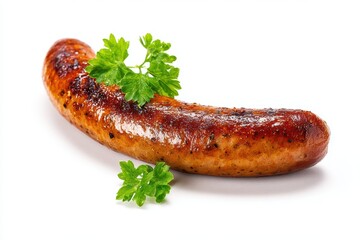 Savory grilled sausage with fresh parsley sprigs close up food photography capturing culinary details