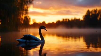 Naklejka premium Serene swan at golden hour on tranquil lake.