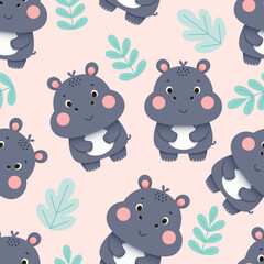 Hippo Hippopotamus cartoon pattern seamless background vector illustration-2