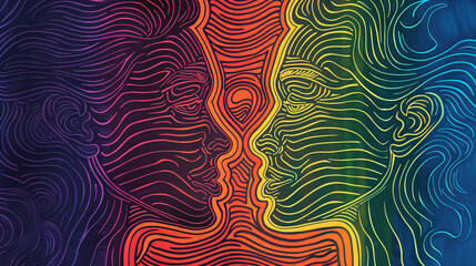 A colorful line art drawing of two people with rainbow backgrounds, symbolizing equality and the freedom to love in a modern and artistic way