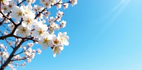 Scenic view of white flowering cherry tree under clear blue sky, vibrant, outdoor, landscape