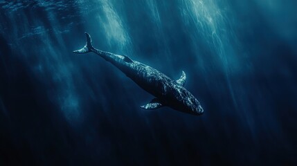 Fototapeta premium Sleek megalodon glides through deep ocean, embodying power and grace in its streamlined form. 