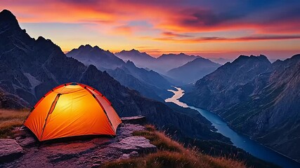 Orange tent on mountaintop at sunset.  Rocky terrain, illuminated by golden hour light