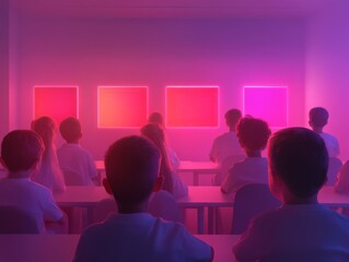 Fototapeta premium Futuristic classroom with children learning coding in neon lit environment