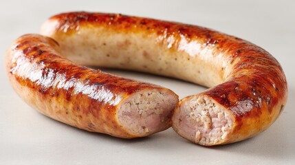 Delicious grilled sausage circle on a light backdrop showcases culinary artistry and appetizing presentation