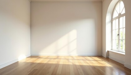 Obraz premium Empty room with wooden floors and large arched windows in minimalist style, lifestyle, clean, simplicity