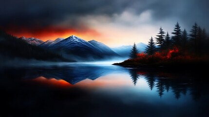 Majestic mountain range reflected in a serene lake at dawn.