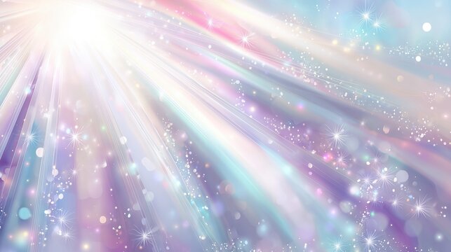 Abstract pastel light background with glowing sun rays, bokeh effects and shiny stars on soft blue sky. Ethereal holographic texture with sparkling glitter and dreamy lavender, pink, purple gradients 