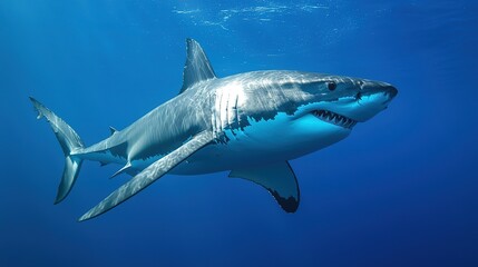 Fototapeta premium Sleek megalodon glides through deep waters, contrasting with a bulky silhouette in the background, embodying elegance and power. 