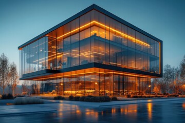 Obraz premium Modern glass office building at twilight (1)
