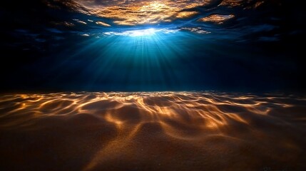 Underwater view of golden sand, sunbeams illuminating the ocean floor.
