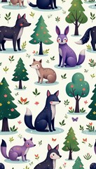 Naklejka premium Seamless vector pattern with cute forest animals in shades of purple and green, cute, pattern