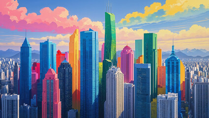 Colorful skyscrapers rising above cityscape under pastel clouds