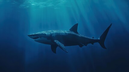 Fototapeta premium Sleek megalodon glides through deep waters, contrasting with a bulky silhouette in the background, embodying elegance and power. 