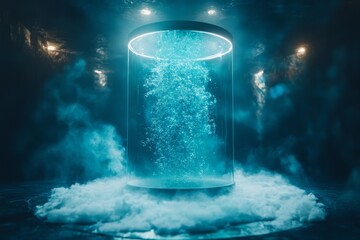 Quantum computer core in futuristic glass chamber with atmospheric effects