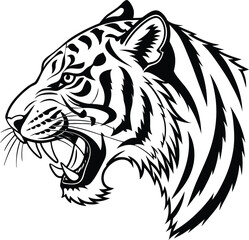 Black and White Roaring Tiger Head Vector Illustration