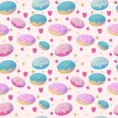 Seamless pattern with donuts and hearts.  Vector Illustration. Design for background, fashion, fabric, textile, wallpaper, cover, package and all prints. Pink, lilac, blue,  yellow.
