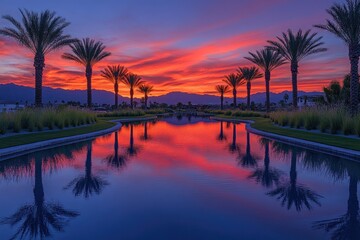 Obraz premium Sunset reflection on calm water. Palm trees line a tranquil waterway