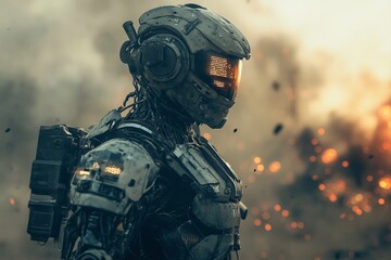 Futuristic soldier with robotic exoskeleton amidst battle scene