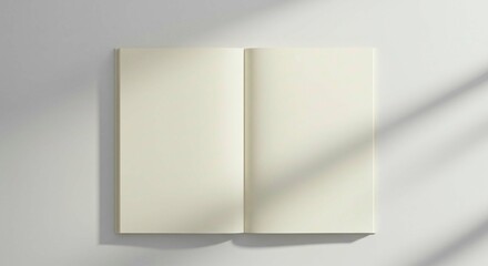 An open blank notebook with cream colored pages on a white surface with soft shadows from a window light