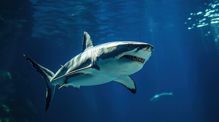 Fototapeta premium Sleek megalodon glides through deep waters, contrasting with a bulky silhouette in the background, embodying elegance and power. 